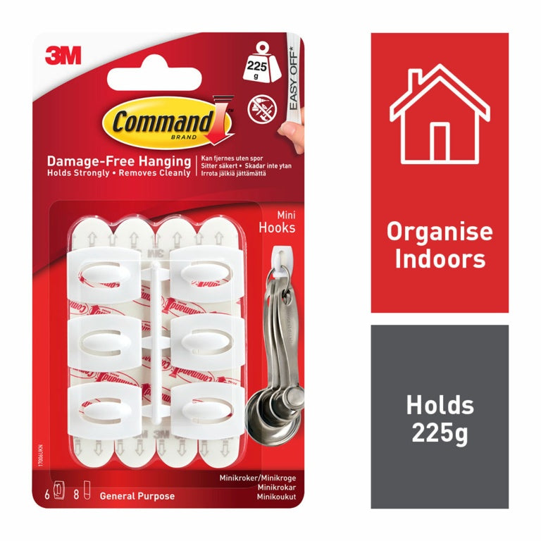 Command Brand - Mini Hooks - 225g Load Weight - 6 pack - Transparent & White